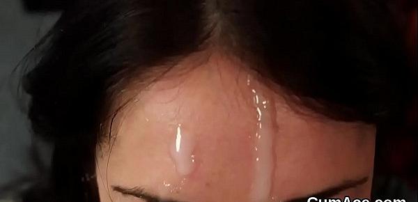  Frisky babe gets cum shot on her face sucking all the semen
